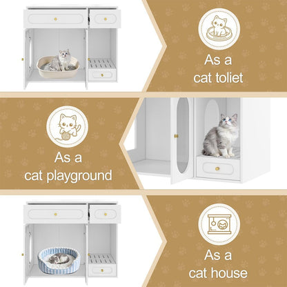 Hidden Cat Litter Box Enclosure Furniture with LED Light, Modern Litter Box Cabinet with Drawers & Acrylic Door, Multi-Entry Cat House Sideboard for Living Room, 37.4"W X 15.6"D X 31.5"H,White3