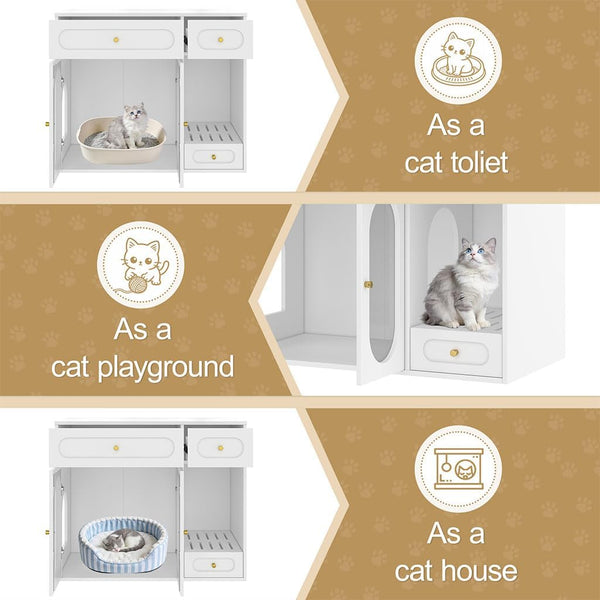 Hidden Cat Litter Box Enclosure Furniture with LED Light, Modern Litter Box Cabinet with Drawers & Acrylic Door, Multi-Entry Cat House Sideboard for Living Room, 37.4"W X 15.6"D X 31.5"H,White3