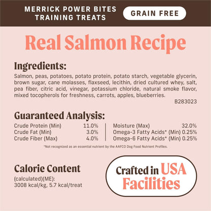 Merrick Power Bites Salmon Recipe Healthy Dog Treats, Real Salmon Grain-Free Dog Snacks, 6 Oz Bag6