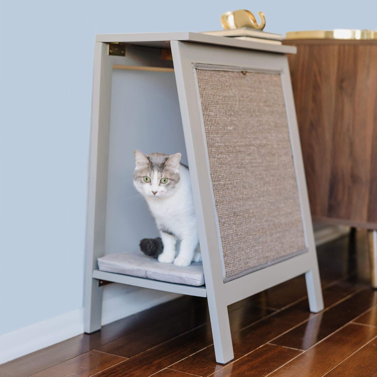 the-refined-feline-a-frame-cat-bed-cave-in-black-espresso-with-ventilated-base-multipurpose-wood-cat-furniture-table-easy-to-clean-covered-cat-bed-with-replaceable-scratching-post-washable-cushion