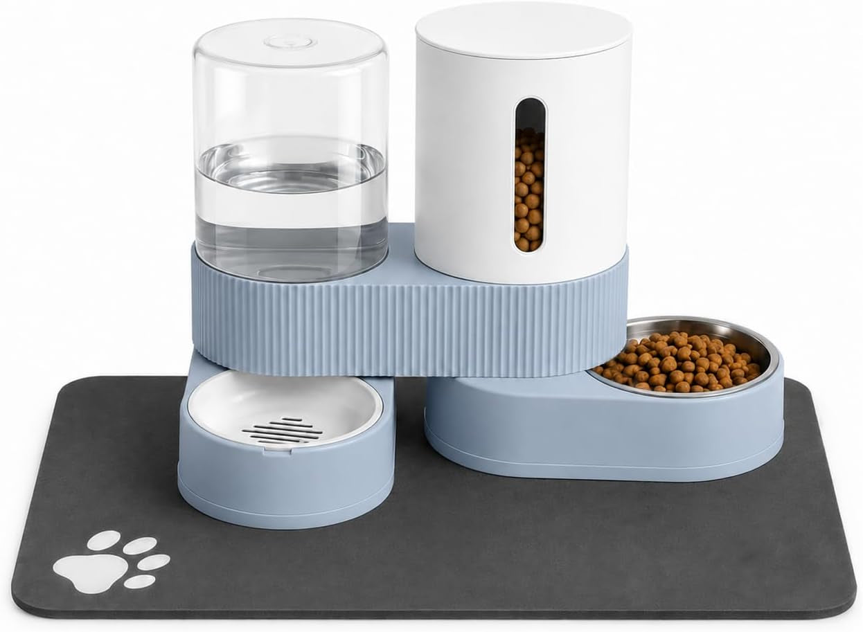 gravity-cat-feeder-2-pack-automatic-food-feeder-and-water-dispenser-set-detachable-pet-bowl-with-silicone-mat-for-cats-small-medium-dogs-large-capacitygrey