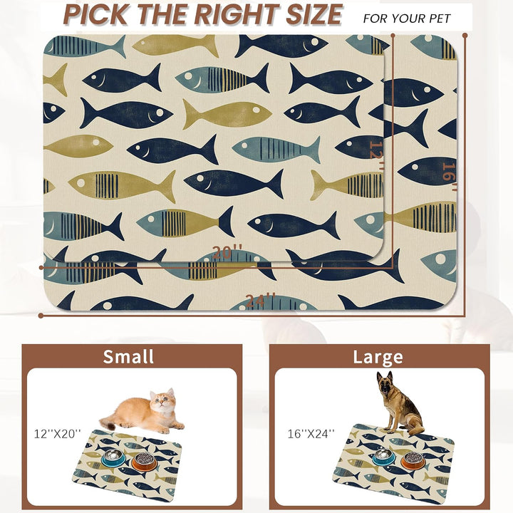 Fish Boho Dog Food Mat for Floors,Ocean Absorbent Quick-Dry Pet Feeding Mat,Cat Dog Bowl Mats for Food and Water,Non-Slip Pet Accessories Supplies 12"X20"+2
