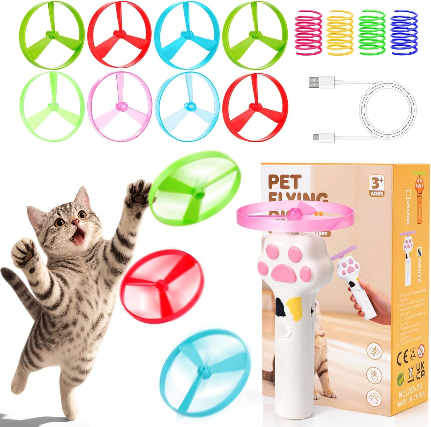 baborui-cat-toy-disc-launcher-rechargeable-interactive-cat-fetch-toy-launcher-with-8-flying-discs-flying-enrichment-toys-for-indoor-bored-kittens-adult-cats-yellow