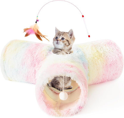 Tempcore Pet Cat Tunnel Tube Toys 3 Way Collapsible, Tunnels for Indoor Cats, Interactive Tube with Teaser Wand, Peek Holes & Hanging Ball, Black & Blue10
