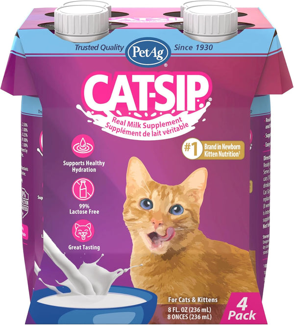 Pet-Ag Cat-Sip Real Milk - 8 Oz, 4 Pack - Ready-To-Feed Snack for Cats & Kittens - Easy to Digest with 99% Lactose-Free, Low-Fat Grade a Milk - Encourages Hydration1