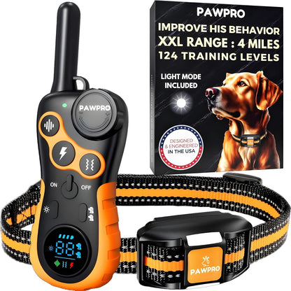 Dog Shock Collar with Remote, Unmatched 4-Mile Range, Night-Light Mode, Training Guide Included, 124 Training Levels & 4 Modes, Beep Vibration Shock, Waterproof Rechargeable, Fits All Dogs (1 Collar)1