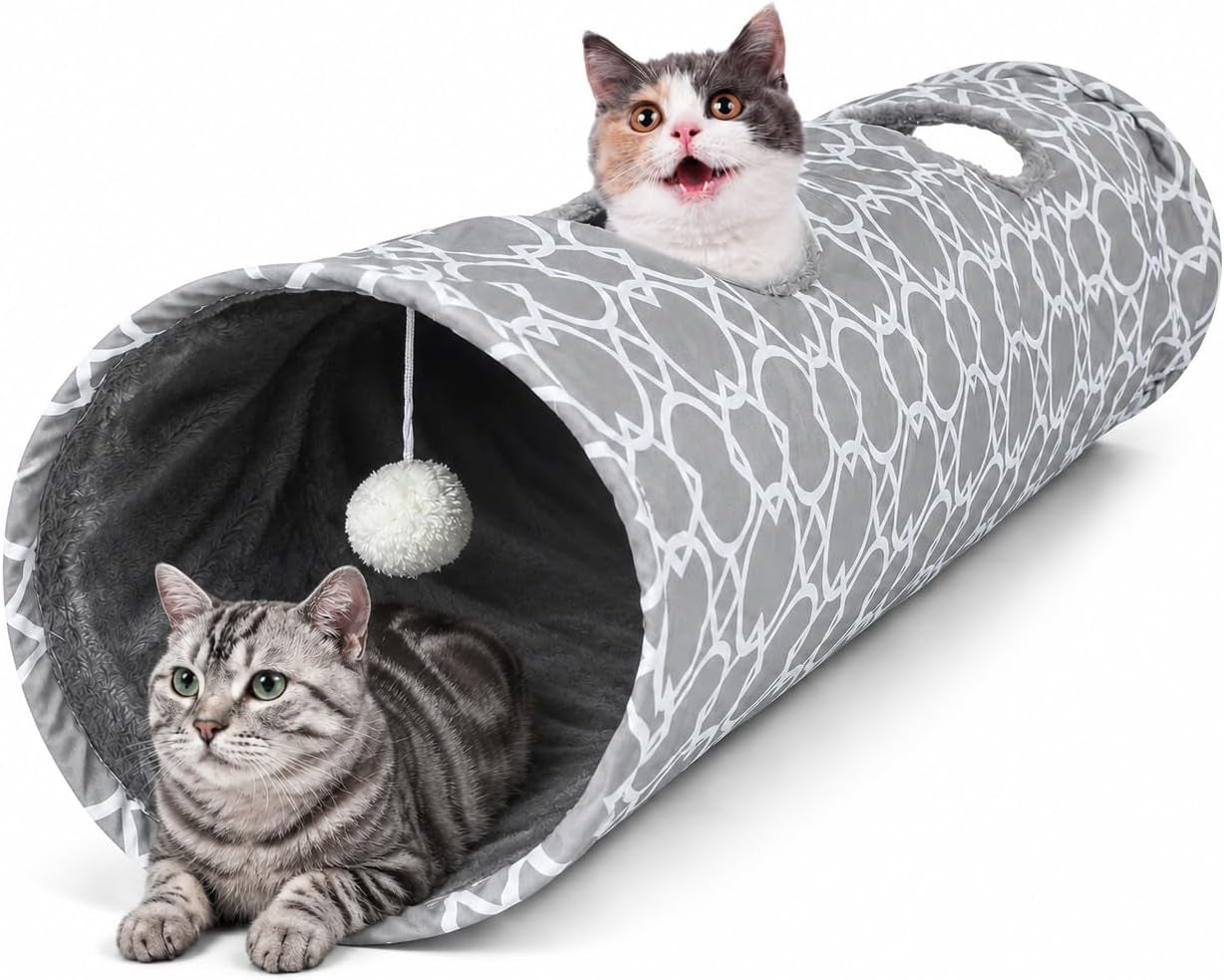 geometric-straight-cat-tunnel-with-plush-inside-cats-toys-collapsible-tunnel-tube-with-balls-for-rabbits-kittens-ferrets-puppy-diameter-9-8-inch
