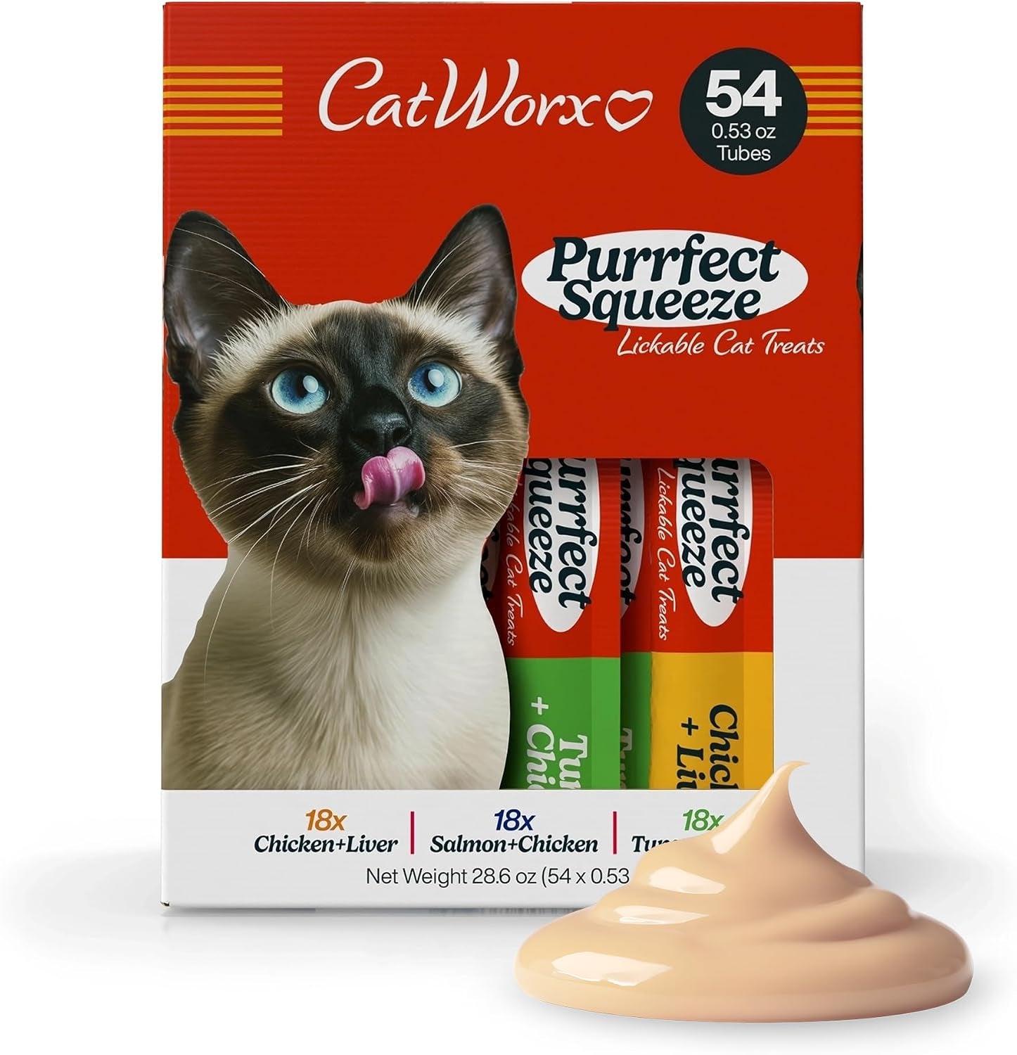 catworx-by-chewmasters-purrfect-squeeze-lickable-soft-cat-treats-54-pack-creamy-puree-squeeze-tubes-for-kittens-and-adult-cats-hand-feeding-snack-or-food-topper-training-reward-0-53-ounce