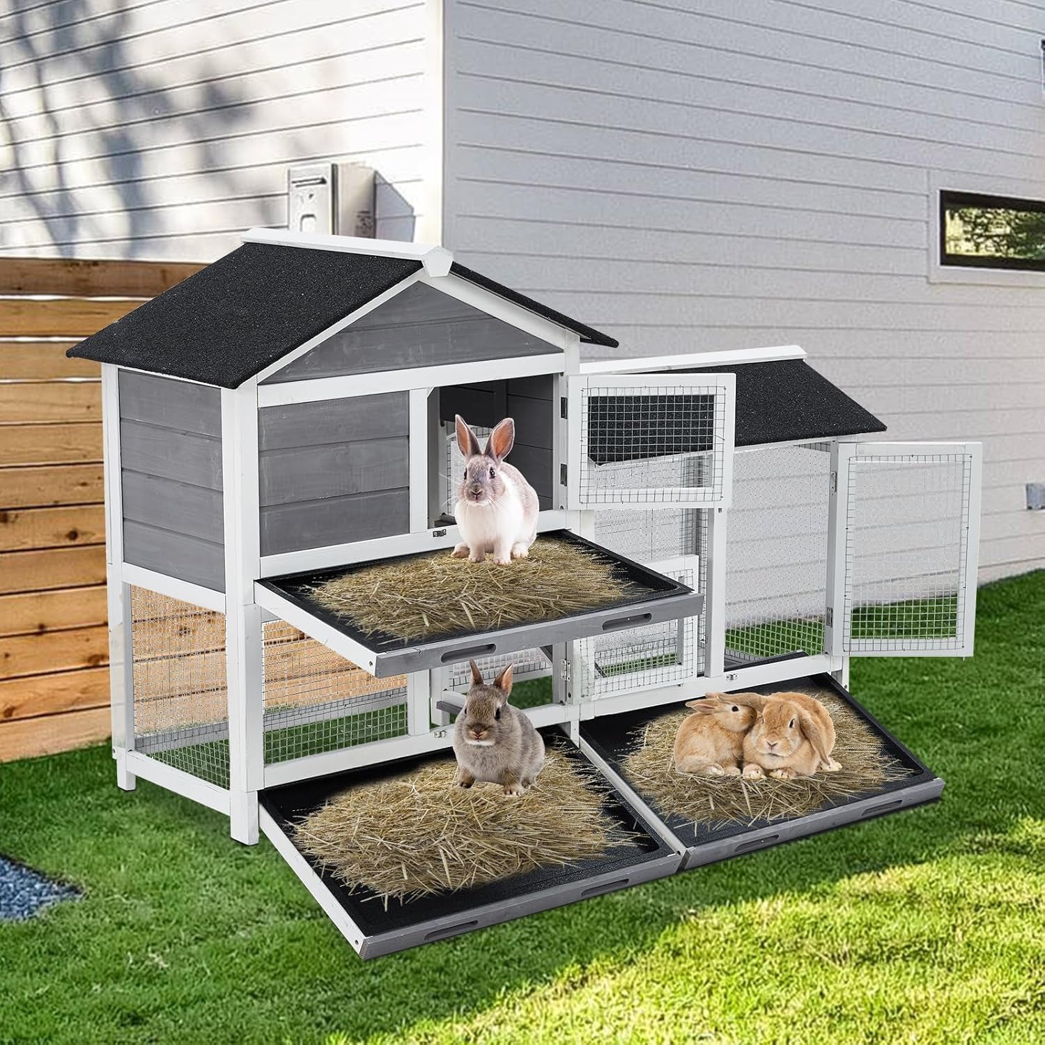 garvee-58-bunny-hutch-indoor-bunny-cage-with-3-removable-trays-wooden-waterproof-roof-rabbit-hutch-indoor-outdoor-2-tier-bunny-house-chicken-coop-gray-and-black