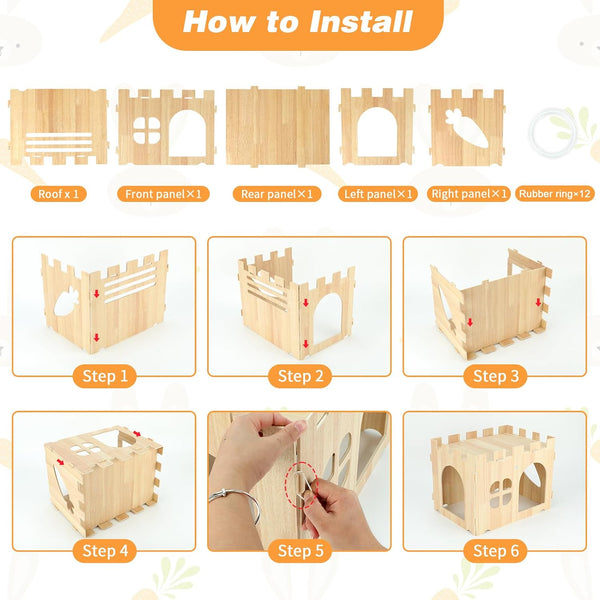 BWOGUE Large Wooden Bunny Hideout,Detachable Rabbit Castle for Small Animal | Wooden Rabbit Hideout, Wooden Rabbit Hideaway, Bunny Houses and Hideouts, Two Doors, 2-Story Play & Rest, Indoor Rabbit7