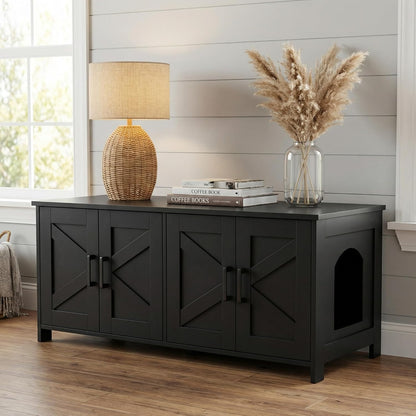 Homhedy 39.4" L Cat Litter Box Enclosure with Barn Door, Black | Wooden Cat Washroom Furniture, Cat House, Pet Storage Cabinet, Dog-Proof, Fit Most of Litter Box, Farmhouse Style10