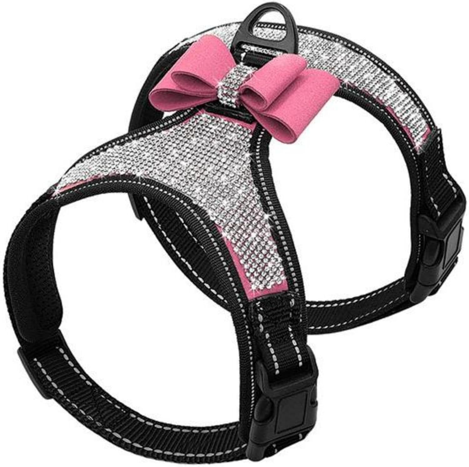 beirui-rhinestone-dog-harness-with-sparkly-bow-tie-black-s-chest-11-14-reflective-bling-nylon-soft-fleece-padded-for-small-large-dogs-walking-party-wedding