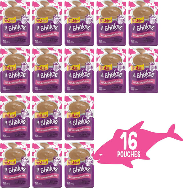 Purina Friskies Pureed Cat Food Topper, Lil’ Shakes with Scrumptious Salmon Lickable Cat Treats - (Pack of 16) 1.55 Oz. Pouches2