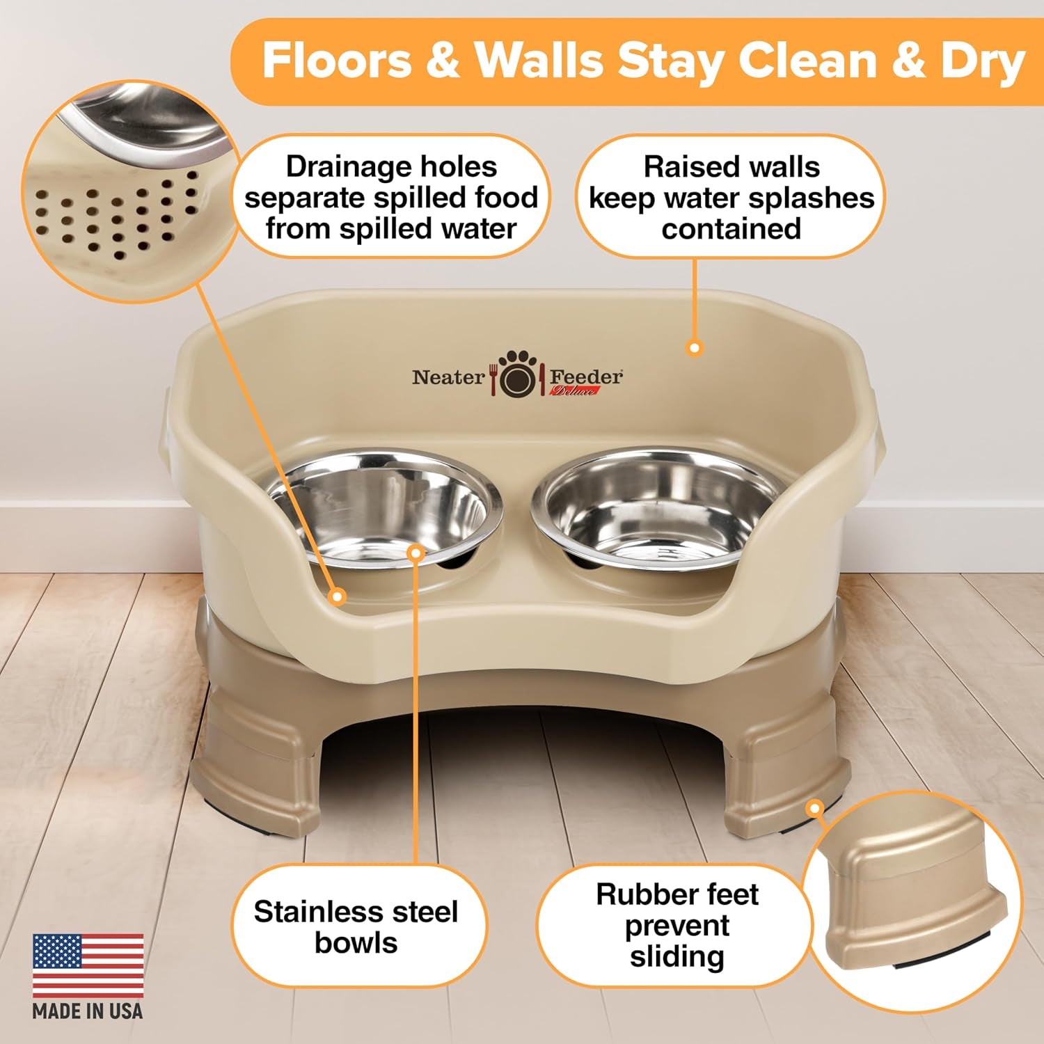 neater-feeder-deluxe-mess-proof-elevated-dog-bowls-for-small-dogs-up-to-19-lbs-2-height-adjustable-6-7-5-no-spill-raised-dog-bowl-stand-stainless-steel-food-bowl-set-made-in-usa-cappuccino