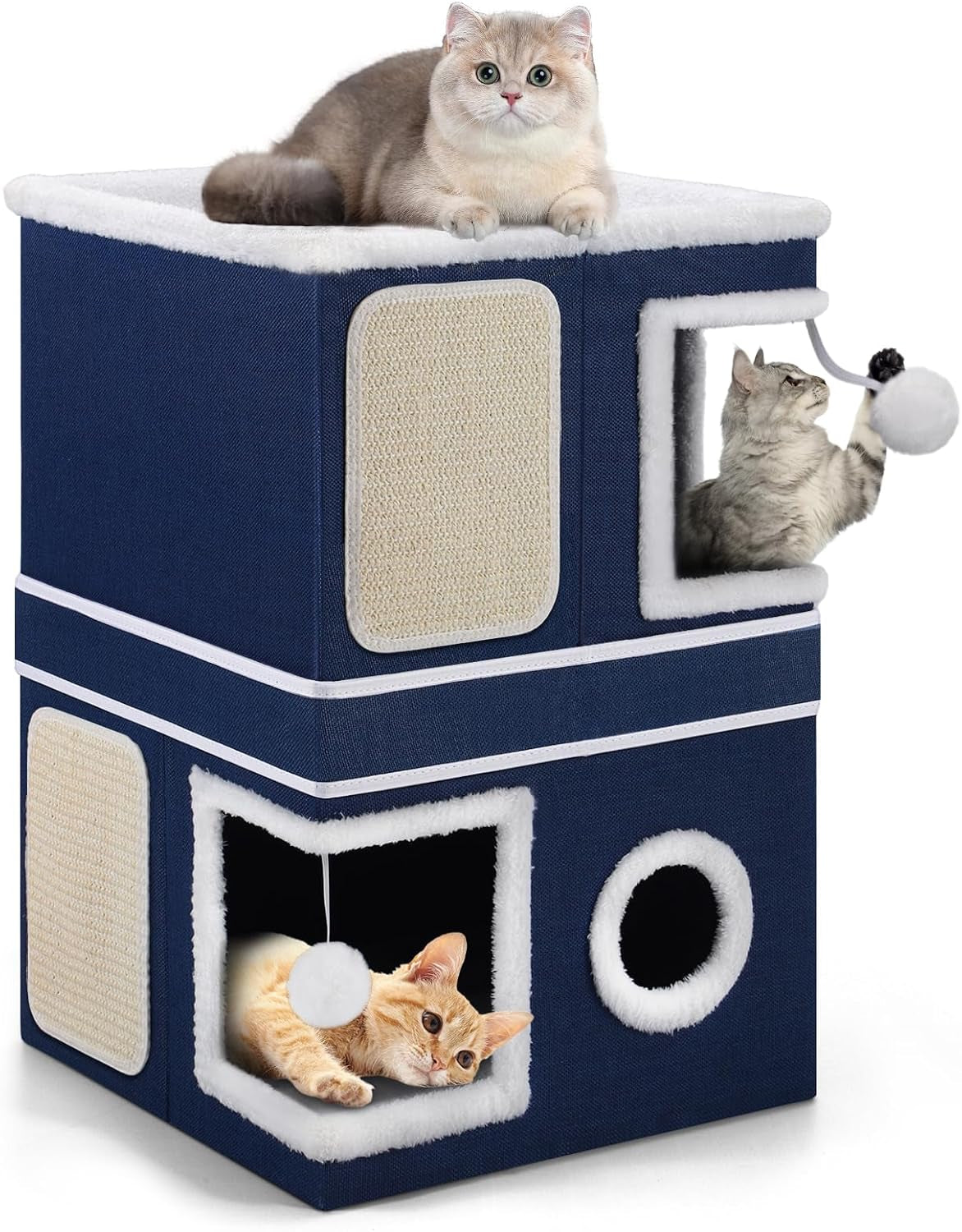shikha-cat-house-bed-for-indoor-cats-with-fluffy-ball-and-scratch-pad-grey-foldable-large-cat-cave-hideaway-with-cozy-condo-hide-and-seek-window-holds-up-to-30lbs-all-season-reversible-cushion