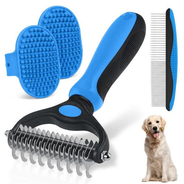 Double-Sided Pet Grooming Rake - 4-In-1 Professional Pet Grooming Kit Deshedding Dematting Tool for Dogs Cats Extra-Wide Grooming Brush & Deshedder Comb for Long & Short Haired Pets (Blue Kit 4PCS)1