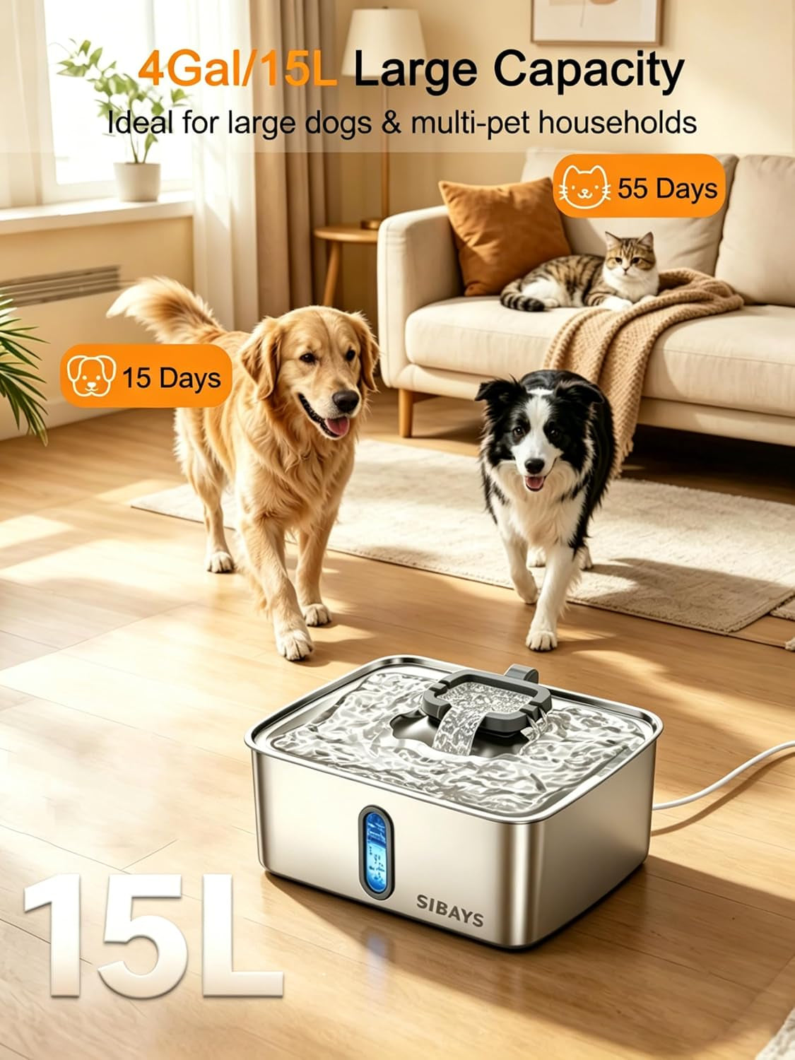 sibays-4gal-15l-dog-water-fountain-for-large-dogs-stainless-steel-large-pet-water-fountain-ultra-quiet-automatic-dog-water-bowl-dispenser-with-water-level-window-and-led-lightfs78-silver-grey