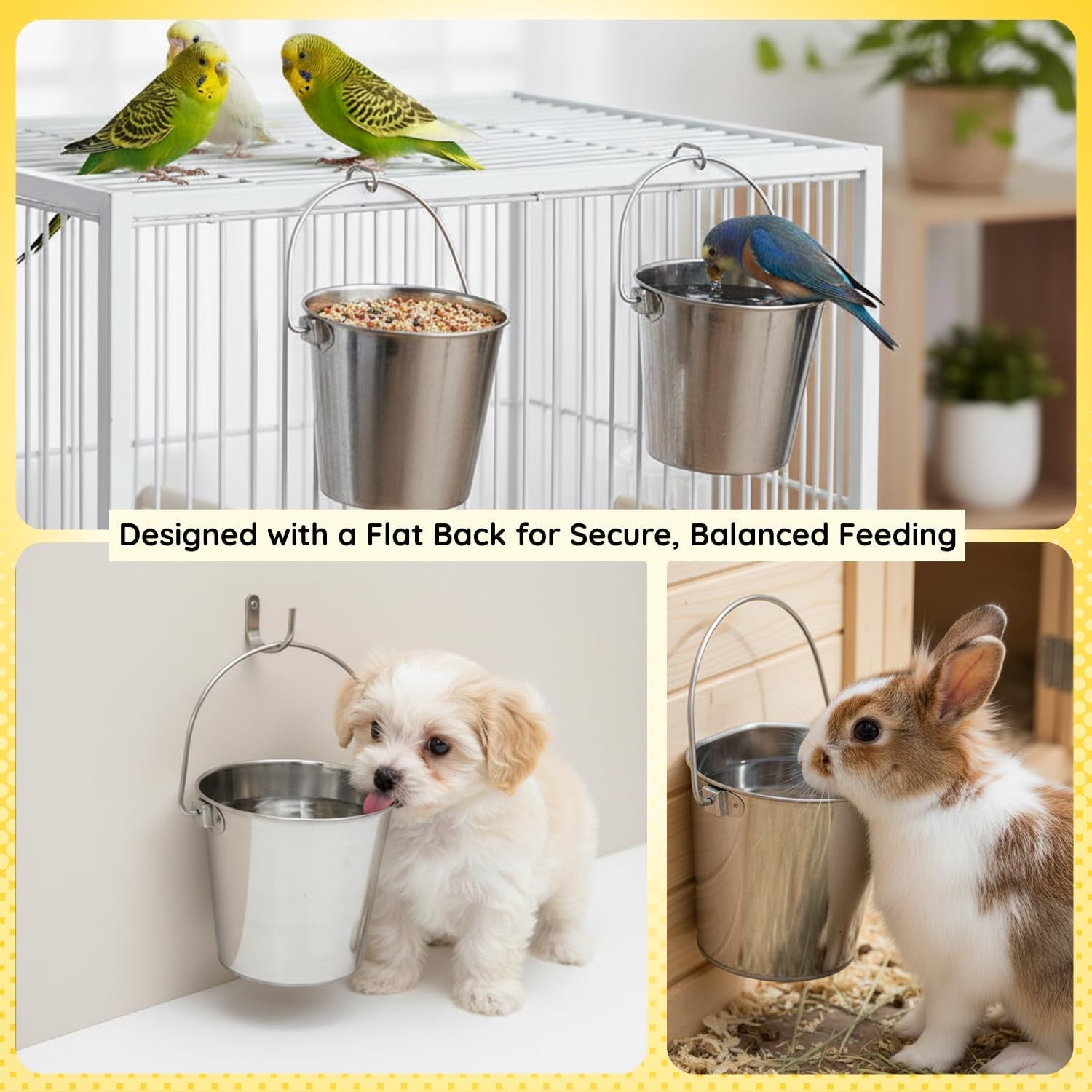 stainless-steel-flat-side-bucket-1-quart-0-25-gallon-heavy-duty-hanging-food-water-pail-for-dogs-cats-birds-kennel-cages-crates-durable-rustproof-multi-purpose-feeding-buckets