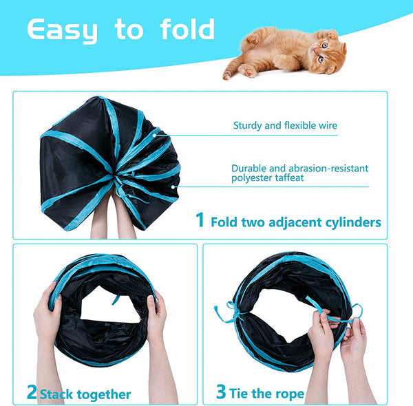Sheldamy Cat Tunnel, S-2-Way Cat Tunnels for Indoor Cats, Collapsible Cat Play Tunnel, Interactive Toy Maze Cat House with 1 Play Ball for Cats, Puppy, Kitty, Kitten, Rabbit (Blue & Black)4