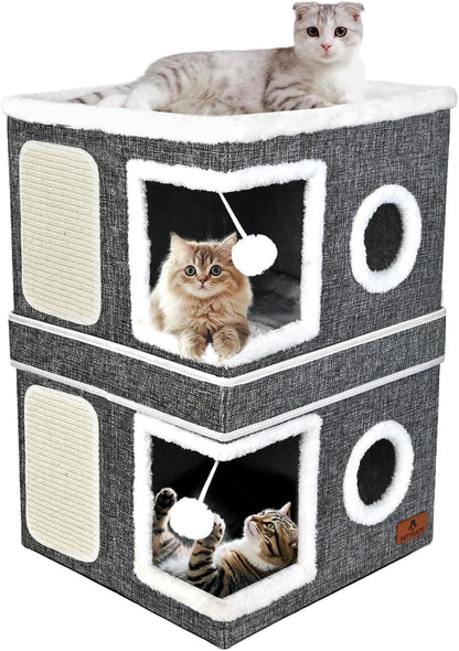 Cat Beds for Indoor Cats, Large Cat Cave Bed with Scratch Pad and Fluffy Ball, Foldable Cat Hideaway, Cat House with Reversible Cushion for Multi Small Pet up to 30LBS, Grey10