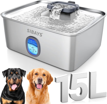 SIBAYS 4Gal/15L Large Dog Water Fountain, Stainless Steel Pet Fountain with Water Window & LED Light, Ultra Quiet Automatic Dog Water Bowl Dispenser for Large Dogs & Multi-Pet, Easy to Clean FS761
