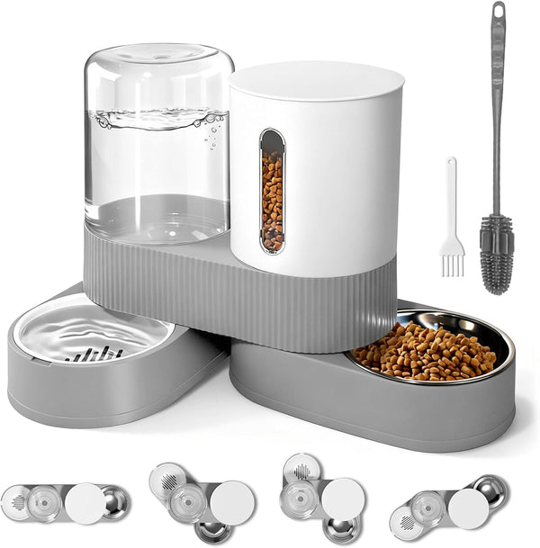2 in 1 Automatic Gravity Cat Dog Feeder and Water Dispenser with 304 Stainless Steel Bowls, 360 Degree Rotatable Auto Food with 2 Specialized Brushes for Small Medium Pet Dog Puppy Kitten (Gray)1