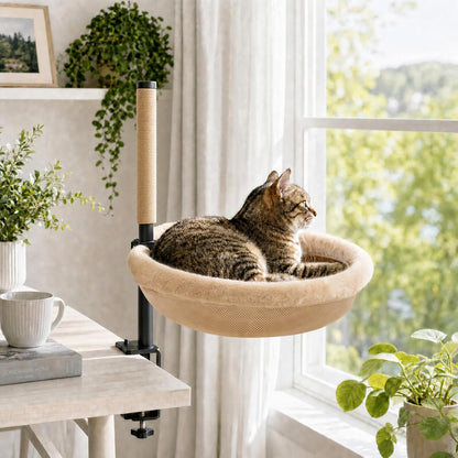 Cat Desk Bed with Scratching Post Clamp on 360 Rotating Camel | Adjustable Height, Reversible Machine Washable Cover, Alloy Steel Frame, Space Saving Perch, Supports Cats up to 45 Pounds7