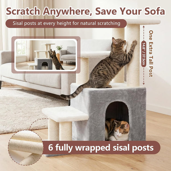 Heybly Cat Scratching Post, Pet Steps for Indoor Cats and Dogs, HSP002SWWH | Small Cat Tree with Cat Condo, Pet Stairs with Full Wrapped Sisal Posts & Soft Plush Fabric, Light Gray & White6