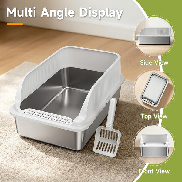 Stainless Steel Cat Litter Box with Lid, XL Metal High Sided Litter Box | Odor Free Open Top Litter Pan Easy Cleaning Anti-Urine Leakage Non-Stick Includes Scoop Light Grey8