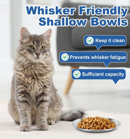 Supet Cat Plates Whisker Friendly, Non Slip Dish for Wet Food, Shallow Wide Flat Bowls Stainless Steel Metal for Indoor Cats, Kitten, Small Dog (13Oz, 4Pcs)6