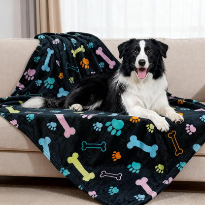 Rezutan Blanket for Large Dogs, Cat Flannel Washable Soft Pet Mat Throw Cover for Kennels-Beds, Sofas, Furniture Protection, Cute Paw Pattern, Black, 50X40 Inch1
