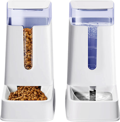 2 Packs Automatic Cat Feeder and Waterer, Gravity Dog Food and Water Dispenser Set for Small Medium Big Pets Cats Dogs Puppy Kitten, 1 Gallon X 2 (White)1