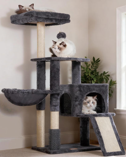 Heybly Cat Tree, 45.3-Inch Cat Tower for Indoor Cats with Large Perch, All-In-One Cat Furniture with Cozy Bed, Hidden Space Cat Condo, Comfy Hammock, Scratching Posts & 3 Pompoms, Light Gray HCT202SW10