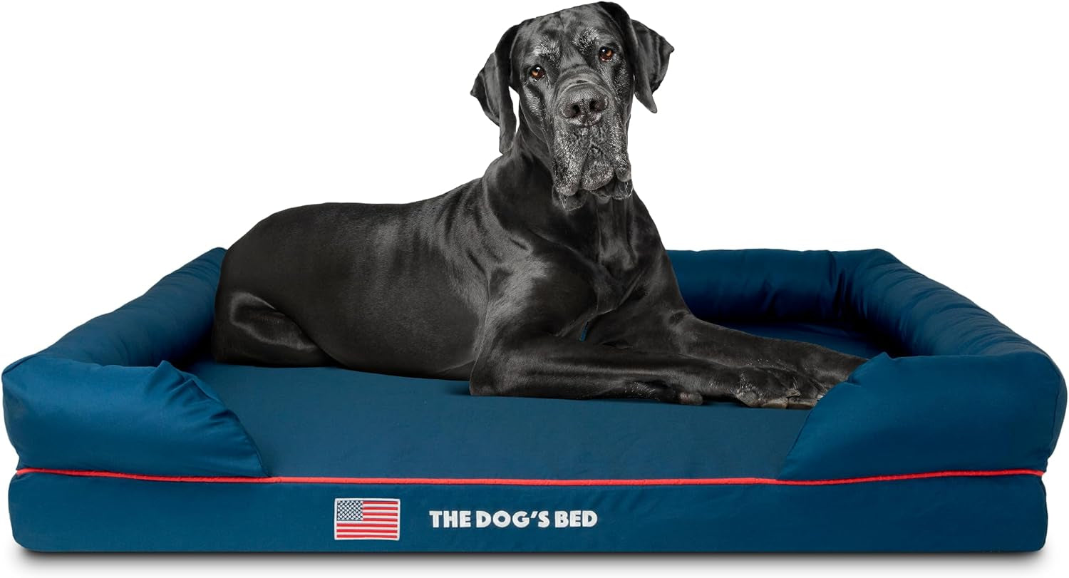 the-dog-s-bed-orthopedic-memory-foam-dog-bed-with-bolsters-for-large-dogs-high-density-support-mattress-low-front-entry-removable-washable-cover-oxford-fabric-blue-with-dark-red-trim-large