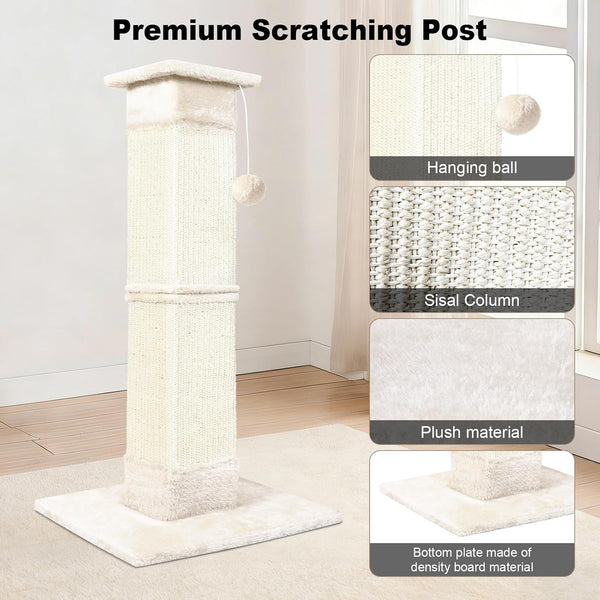 Cat Scratching Post 33 Inch for Indoor Cats, Sisal Cat Scratcher, Vertical Posts with Dangling Ball, High Cat Scratch Post, Cat Tree for Full-Body Stretching, Protect Your Furniture, Beige White3