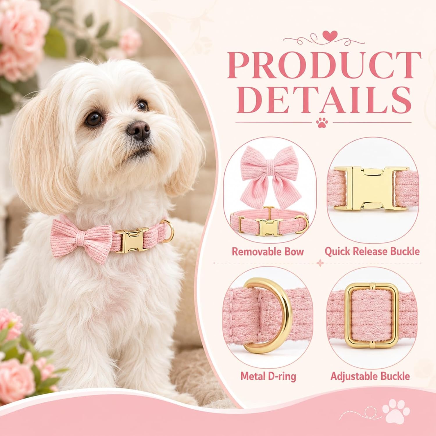 dog-collar-and-leash-set-with-bowtie-soft-cute-puppy-collar-cotton-puppy-collar-with-adjustable-metal-buckle-for-small-medium-dog-pink-size-s-neck-10-16