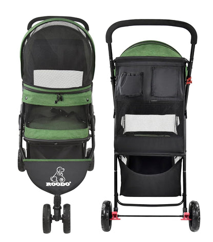 ROODO 3 Wheel Pet Stroller Best Lightweight Foldable Compact Portable Jogger All Terrain Travel Pet Gear Puppy Kitty Stroller for up to 30Lbs Medium Small Dogs and Cats(Green)9