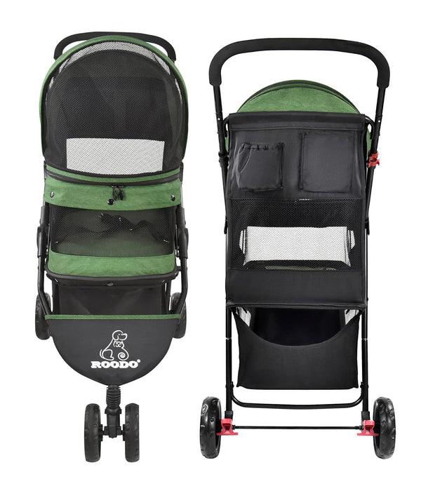 ROODO 3 Wheel Pet Stroller Best Lightweight Foldable Compact Portable Jogger All Terrain Travel Pet Gear Puppy Kitty Stroller for up to 30Lbs Medium Small Dogs and Cats(Green)9