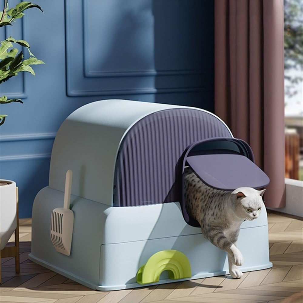 pet-supplies-enclosed-cat-litter-box-with-hood-drawer-anti-splash-easy-cleanblue