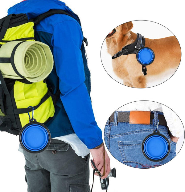 Collapsible Silicone Dog Bowls, 3-Pack Travel Pet Food Water Bowls | Orange, Green & Blue. 5.1 in Wide, 2.1 in Tall, Folds to 0.5 In. Holds 12 Oz Water or 1.5 Cups Food. Includes ID Tag.5
