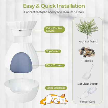 Giantex Cat Litter Box Plant - Hidden Litter Box Furniture with Electronic Odor Removal System, Detachable Door Curtain, Scoop, Cat Litter Box Enclosure Planter Home Decor, Easy to Clean (White)4