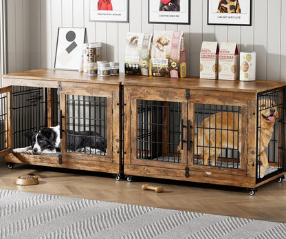 Medium Dog Crate Furniture, 32'' Heavy Duty Kennel W/Cushion & Wheels | Grey, Double Doors, Wooden Dog Cage, Chew-Resistant, End Table, Decorative, 27"/32"/38"/44" Options, Indoor16