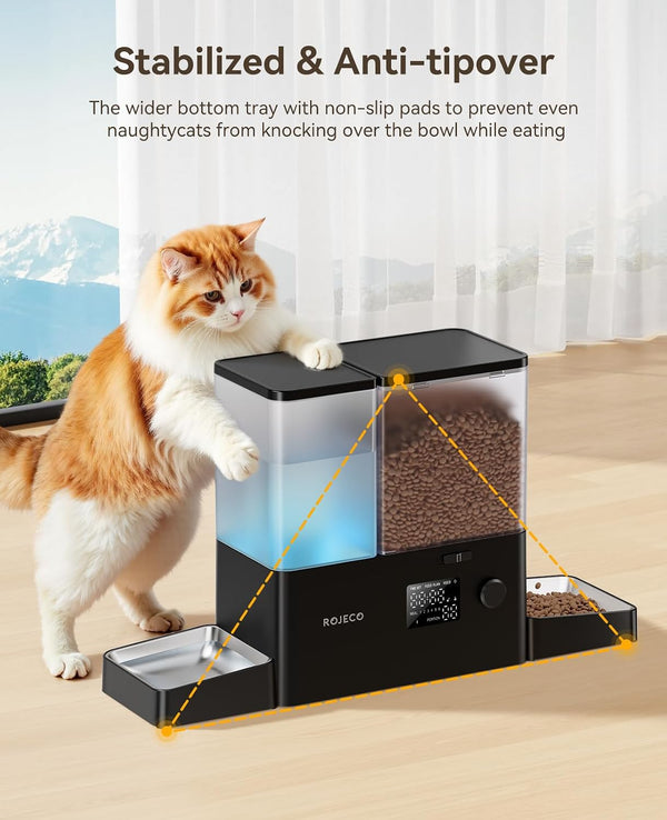 Rojeco 36Cups/8.5L Pet Automatic Cat Feeder and Gravity Water Dispenser,Stainless Steel Bowls 2-In-1 Set Large Capacity 5L Food Feeder and 3.5L Water Fountain for Cats,Pets,Small Dogs,Black4