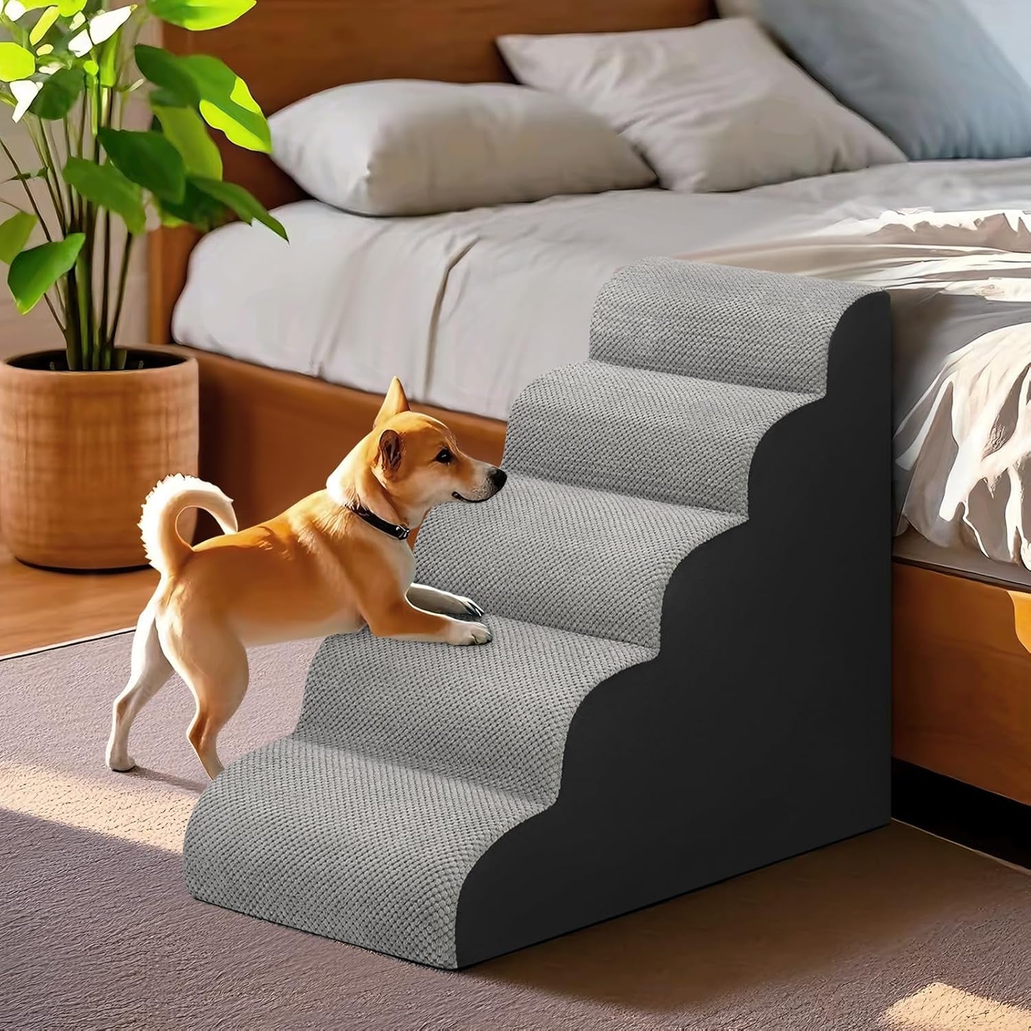 dog-stairs-for-bed-28-7-h-5-step-dog-ramp-non-slip-sturdy-pet-steps-for-small-dogs-cats-to-get-on-high-bed-or-couches-grey