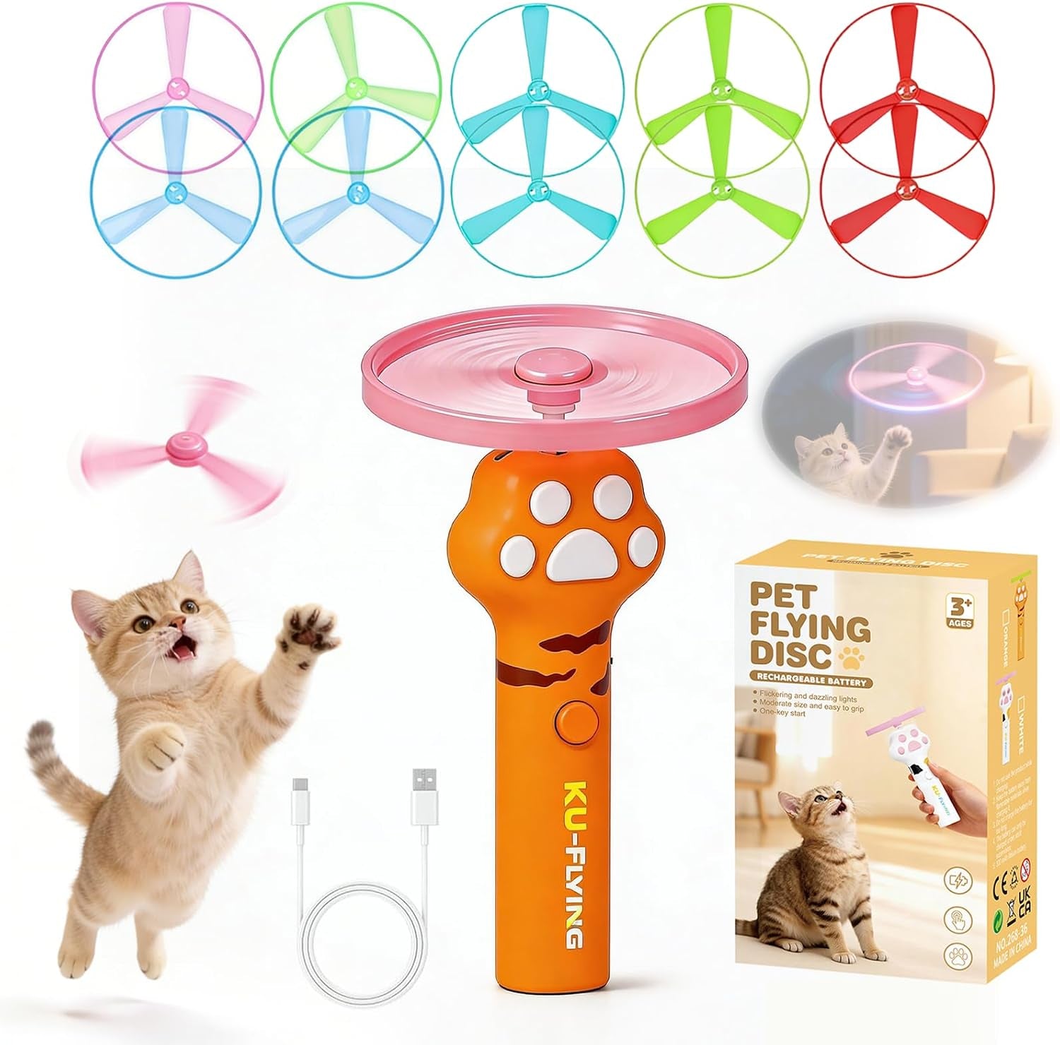 cat-fetch-toy-launcher-flying-disc-launcher-toy-rechargeable-with-10-flying-discs-flying-cat-toy-disc-launcher-for-kitten-dog-playing-interactive-hunting-tracking-toys-for-outdoor-indoor-white