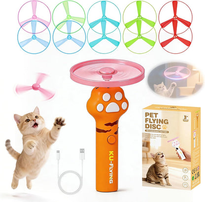 Cat Fetch Toy Launcher,Flying Disc Launcher Toy Rechargeable with 10 Flying Discs,Flying Cat Toy Disc Launcher for Kitten Dog Playing Interactive Hunting Tracking Toys for Outdoor Indoor,White10