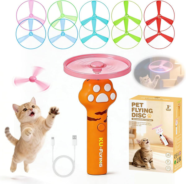 Cat Fetch Toy Launcher,Flying Disc Launcher Toy Rechargeable with 10 Flying Discs,Flying Cat Toy Disc Launcher for Kitten Dog Playing Interactive Hunting Tracking Toys for Outdoor Indoor,White10