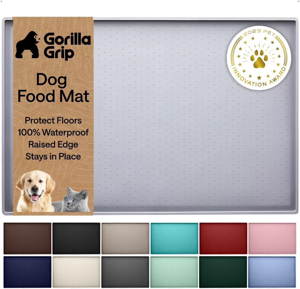 gorilla-grip-100-waterproof-raised-edge-bpa-free-silicone-pet-feeding-mat-dog-cat-food-mats-contain-spills-protects-floors-placemats-for-cats-and-dogs-water-bowl-18-5x11-5-gray