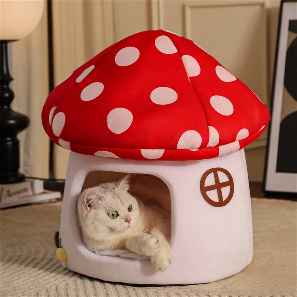 lyfjmus-mushroom-cat-bed-for-indoor-cats-mushroom-cow-shape-cat-cave-bed-cat-tent-with-removable-washable-cushion-pillow-cat-house-bed-for-cats-small-dogs