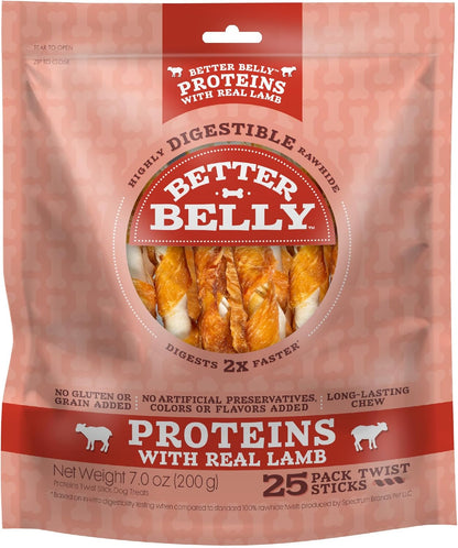 Better Belly Proteins with Real Lamb Twists, Digestible Rawhide for Dogs, 25 Count1